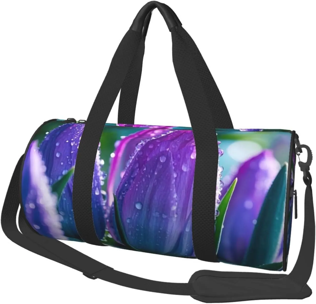 purple and teal flowers Print Round Large Capacity Travel Luggage Bags,Men's and Women's Hand-Held Travel Clothing Bags