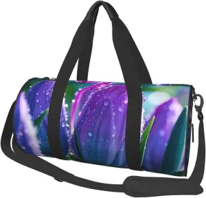 purple and teal flowers Print Round Large Capacity Travel Luggage Bags,Men's and Women's Hand-Held Travel Clothing Bags