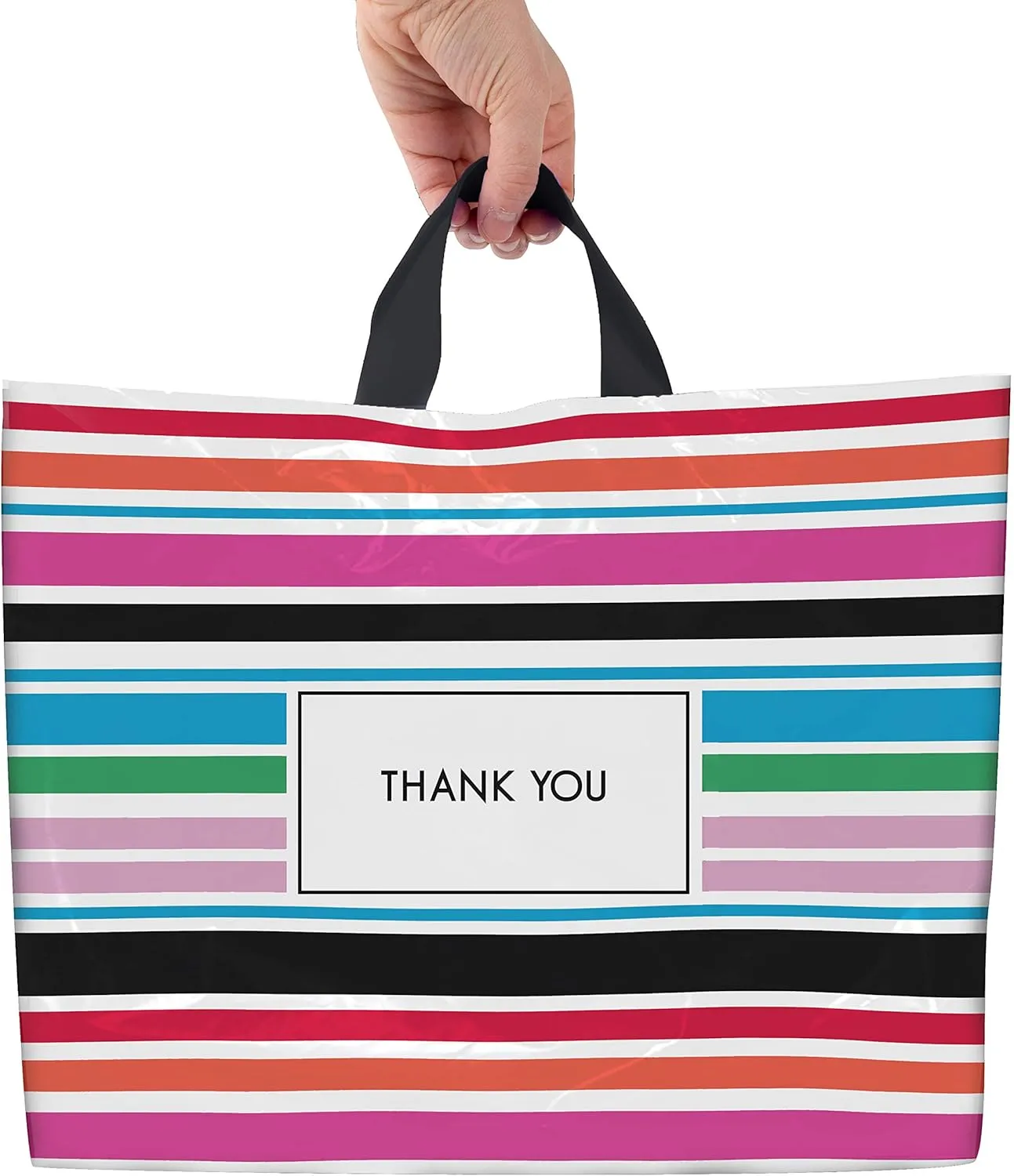Purple Q Crafts Thank You Bags for Business Striped Plastic Bags 50 Pack Shopping Bags for Boutique with Soft Loop Handle