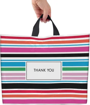 Purple Q Crafts Thank You Bags for Business Striped Plastic Bags 50 Pack Shopping Bags for Boutique with Soft Loop Handle