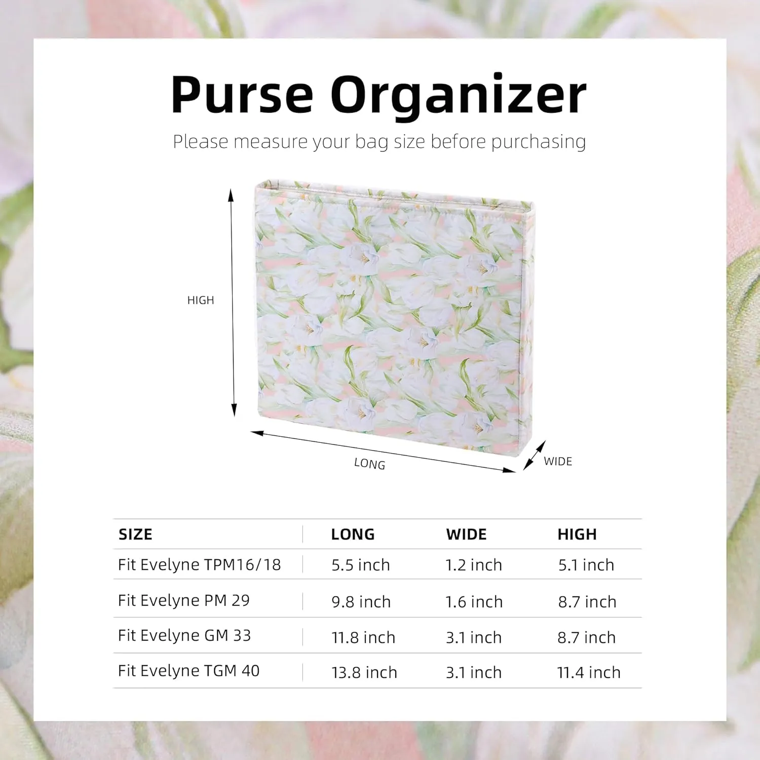 Purse Organizer Insert For Evelyne TPM/PM/GM/TGM, Lightweight Bag Shaper Liner, Soft Luxury Handbag Tote Inner Bag (PM-29, French Tulips)