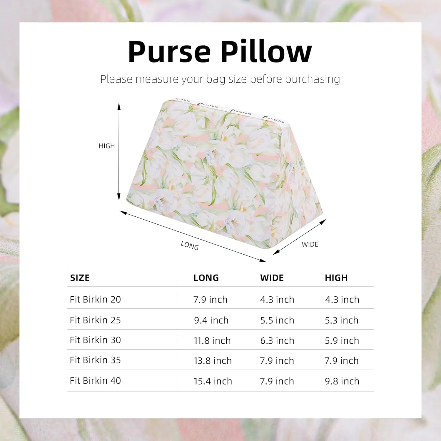 Purse Pillow Shaper Insert, unique pattern handbag shapers, Memory Foam, for Birkin 25/30/35/40 bags (BK25,French Tulips)