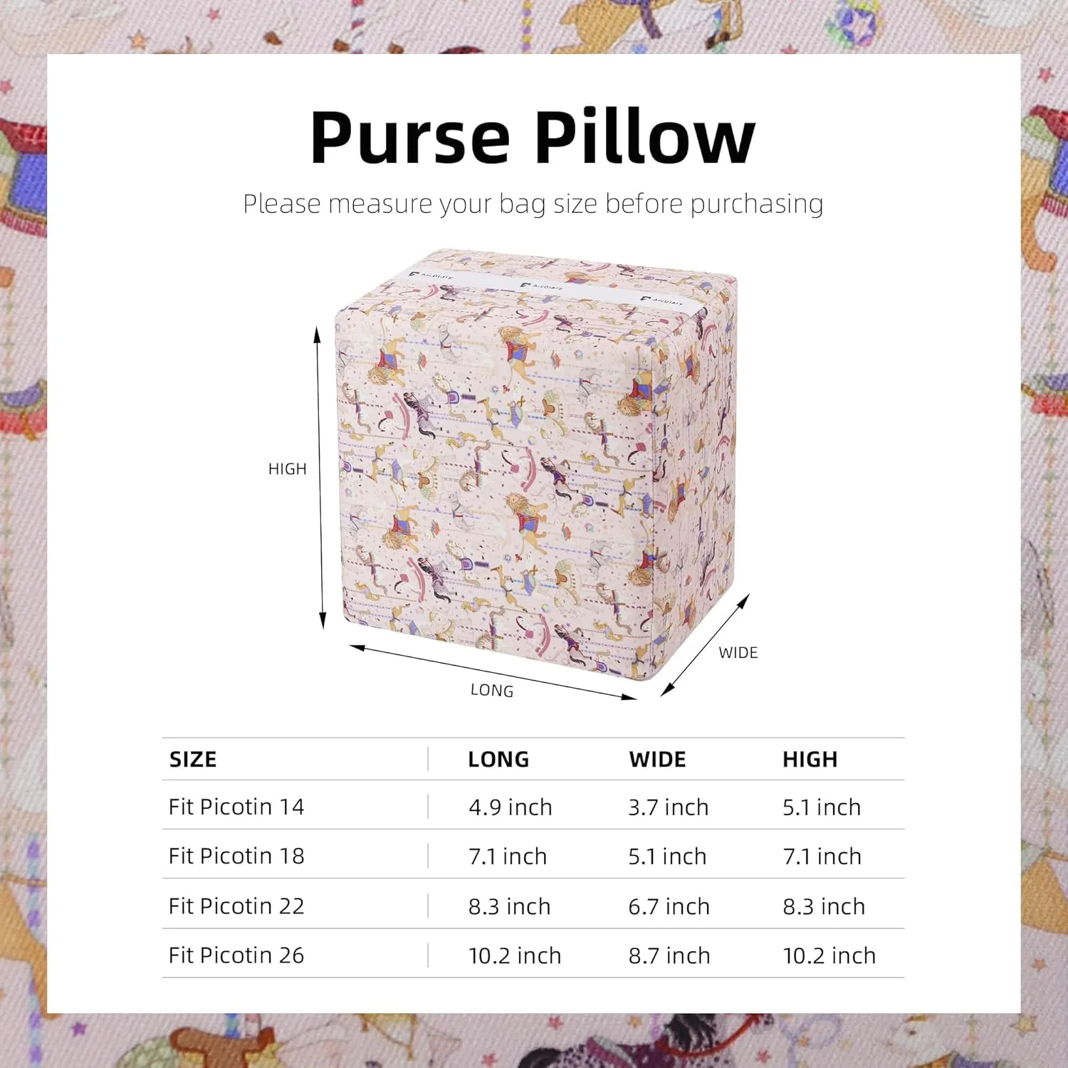 Purse Pillow Shaper Insert, unique pattern handbag shapers, Memory Foam, for Picotin 18/22 bags (PC18,Circus(Pink))