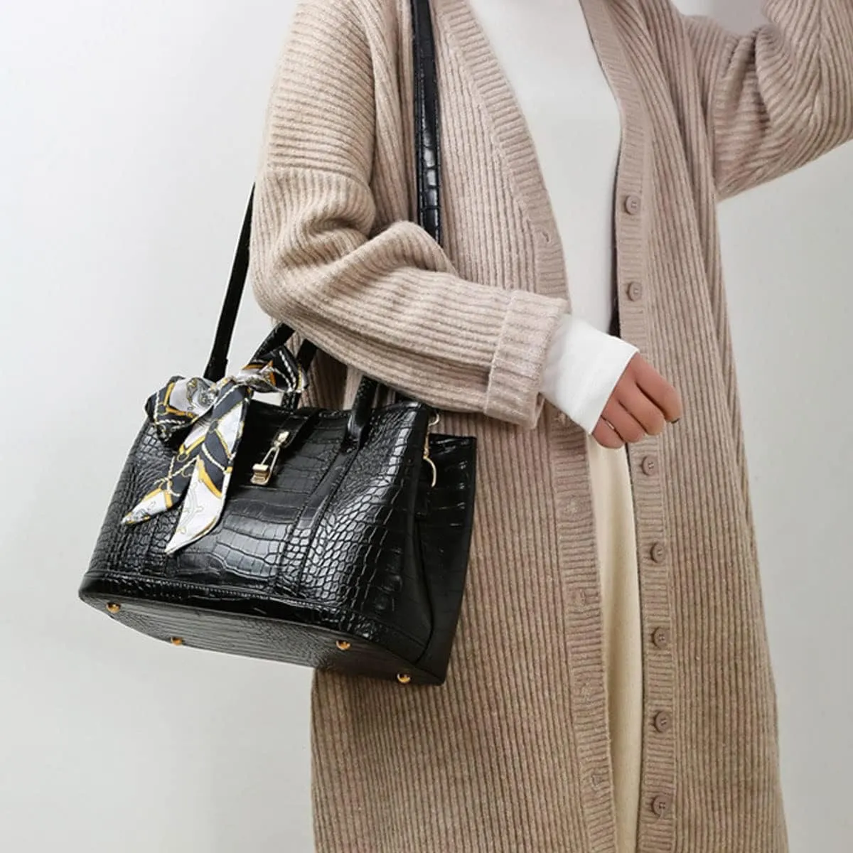 Purses and Handbags for Women Crocodile Pattern Shoulder Tote Bags Top Handle Satchel with Bowknot