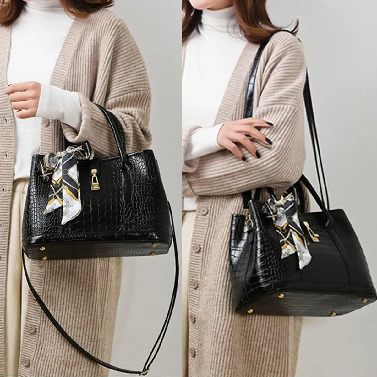Purses and Handbags for Women Crocodile Pattern Shoulder Tote Bags Top Handle Satchel with Bowknot