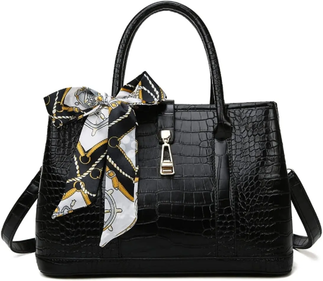 Purses and Handbags for Women Crocodile Pattern Shoulder Tote Bags Top Handle Satchel with Bowknot