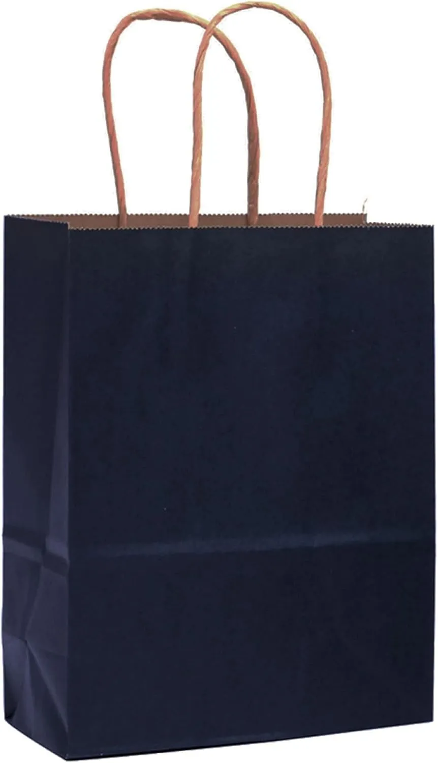 qiqee 60 pcs Kraft Bags with Handles 7.6"x4.75"x10.5" Medium Gift Paper Bags Navy Blue Solid Color Bags
