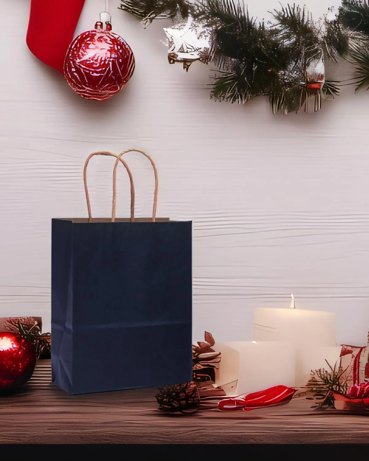 qiqee 60 pcs Kraft Bags with Handles 7.6"x4.75"x10.5" Medium Gift Paper Bags Navy Blue Solid Color Bags