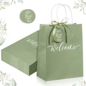 Queekay 36 Pcs Welcome Paper Gift Bags with Handle 9.8 x 7.8 x 4 Inches with 36 Tags Wedding Party Favor Bridal Gift Bags for Guests Wedding Birthday Baby Shower Party Favors(Sage Green)