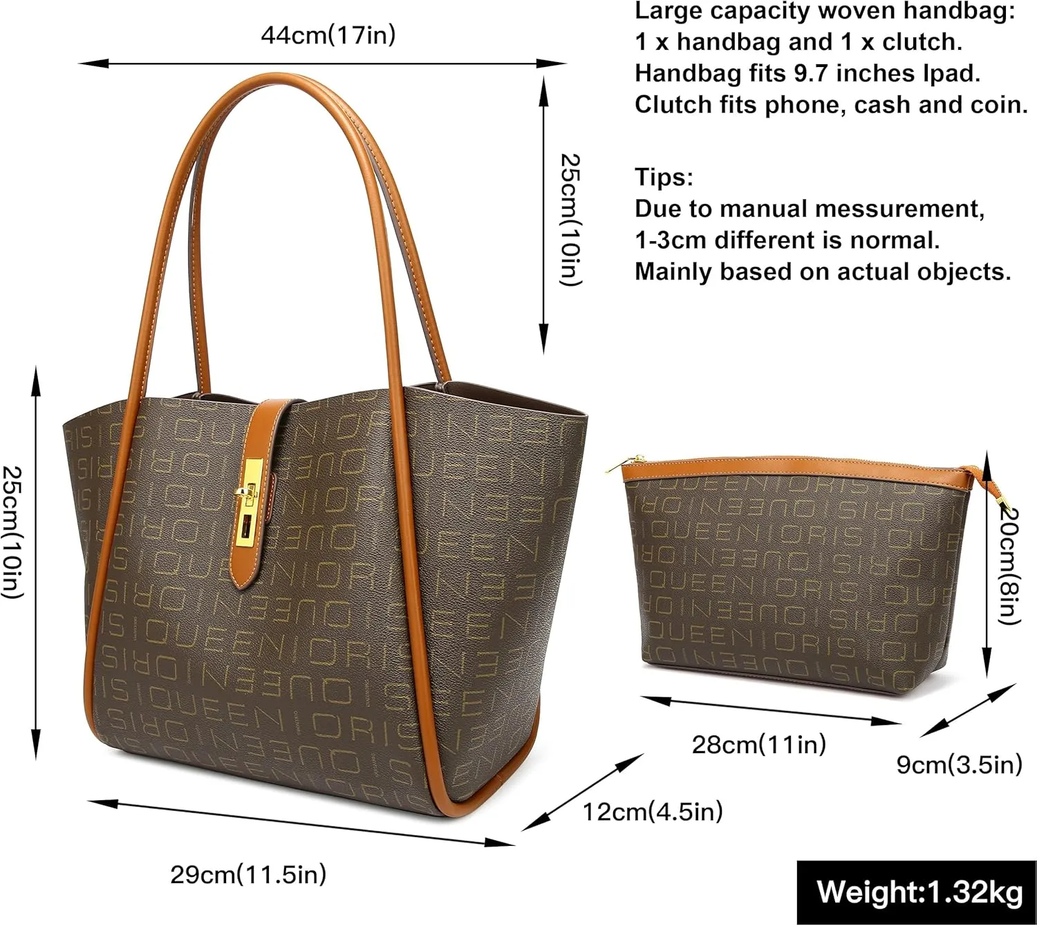 Queenoris Tote Bag for Women, Top-handle Shoulder Handbag Large Capacity Purese Designer Retro Bag with Clutch