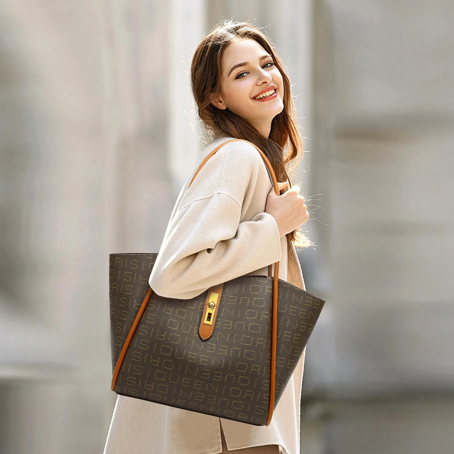 Queenoris Tote Bag for Women, Top-handle Shoulder Handbag Large Capacity Purese Designer Retro Bag with Clutch