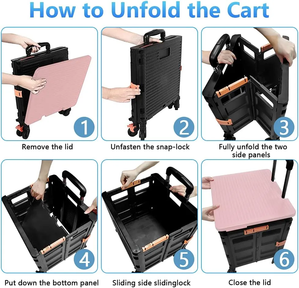 Quick Utility Cart Folding Portable Rolling Crate Handcart with Durable Heavy Duty Plastic Telescoping Handle Collapsible 4 Rotate Wheels for Travel Shopping Moving Luggage Office Use (black&pink lid)