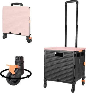 Quick Utility Cart Folding Portable Rolling Crate Handcart with Durable Heavy Duty Plastic Telescoping Handle Collapsible 4 Rotate Wheels for Travel Shopping Moving Luggage Office Use (black&pink lid)