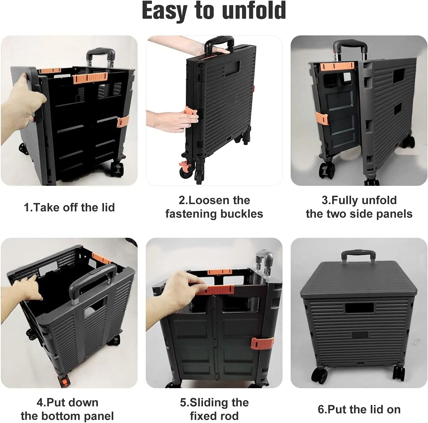 Quick Utility Cart Folding Portable Rolling Crate Handcart with Durable Heavy Duty Plastic Telescoping Handle Collapsible 4 Rotate Wheels for Travel Shopping Moving Luggage Office Use (black&pink lid)