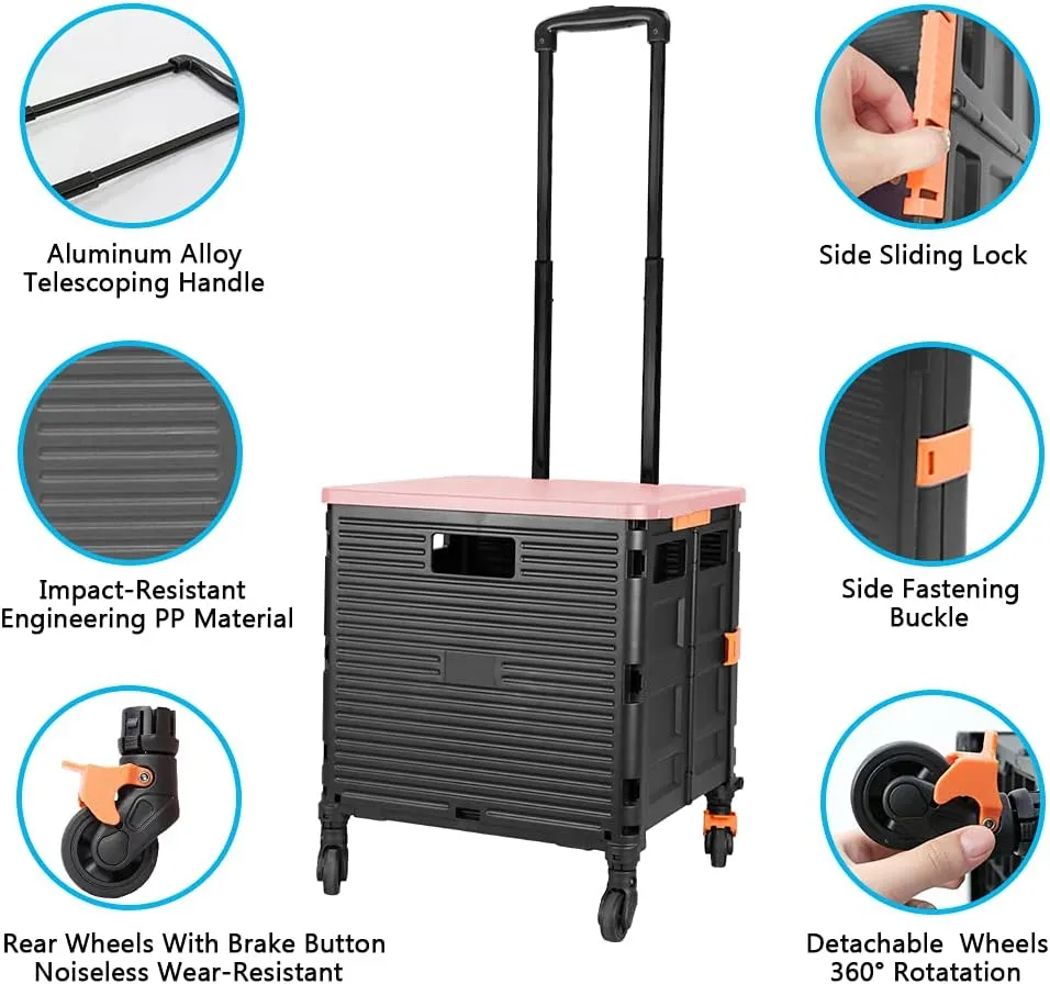 Quick Utility Cart Folding Portable Rolling Crate Handcart with Durable Heavy Duty Plastic Telescoping Handle Collapsible 4 Rotate Wheels for Travel Shopping Moving Luggage Office Use (black&pink lid)