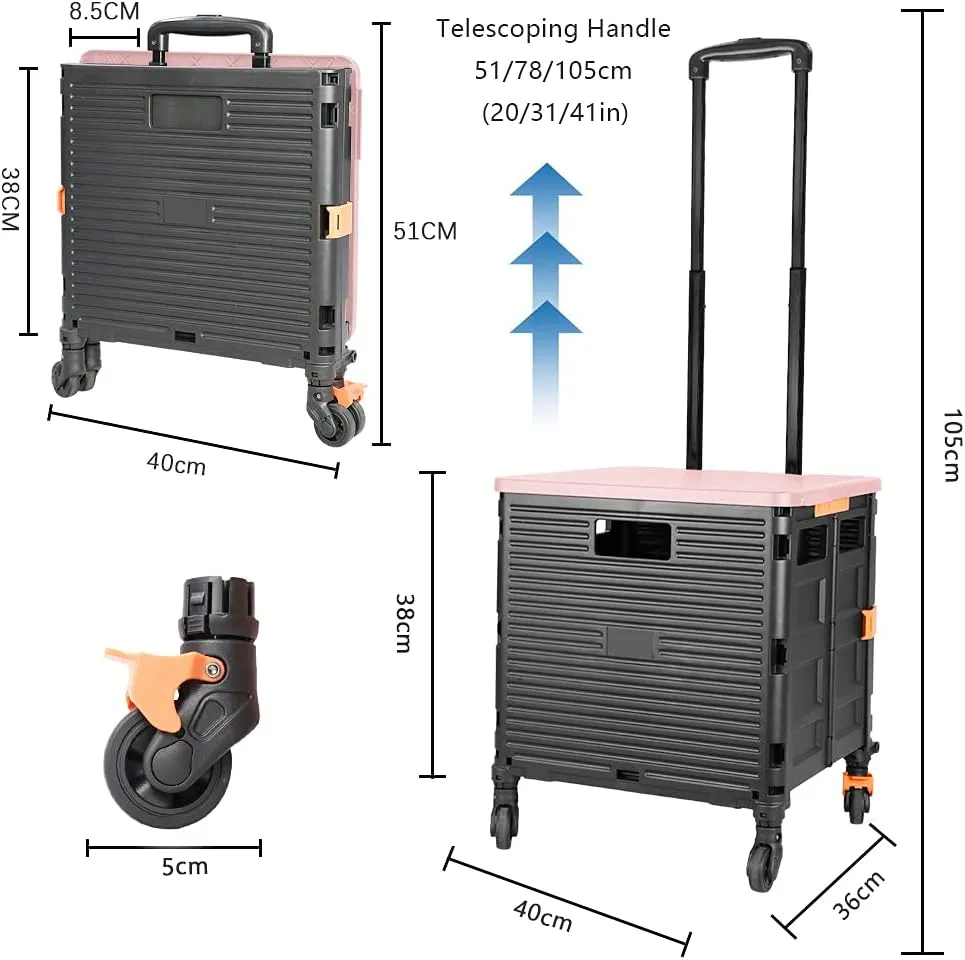 Quick Utility Cart Folding Portable Rolling Crate Handcart with Durable Heavy Duty Plastic Telescoping Handle Collapsible 4 Rotate Wheels for Travel Shopping Moving Luggage Office Use (black&pink lid)