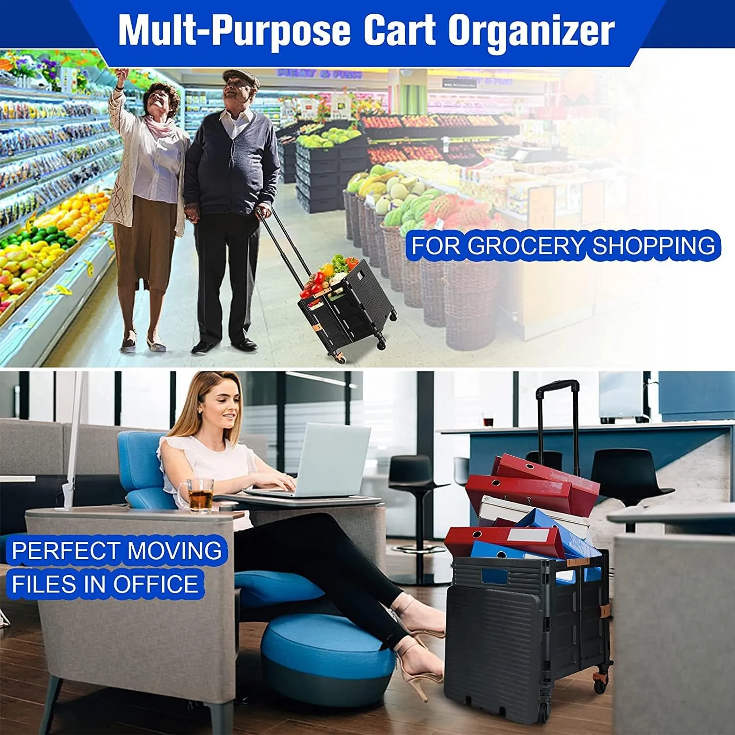 Quick Utility Cart Folding Portable Rolling Crate Handcart with Durable Heavy Duty Plastic Telescoping Handle Collapsible 4 Rotate Wheels for Travel Shopping Moving Luggage Office Use (black&pink lid)