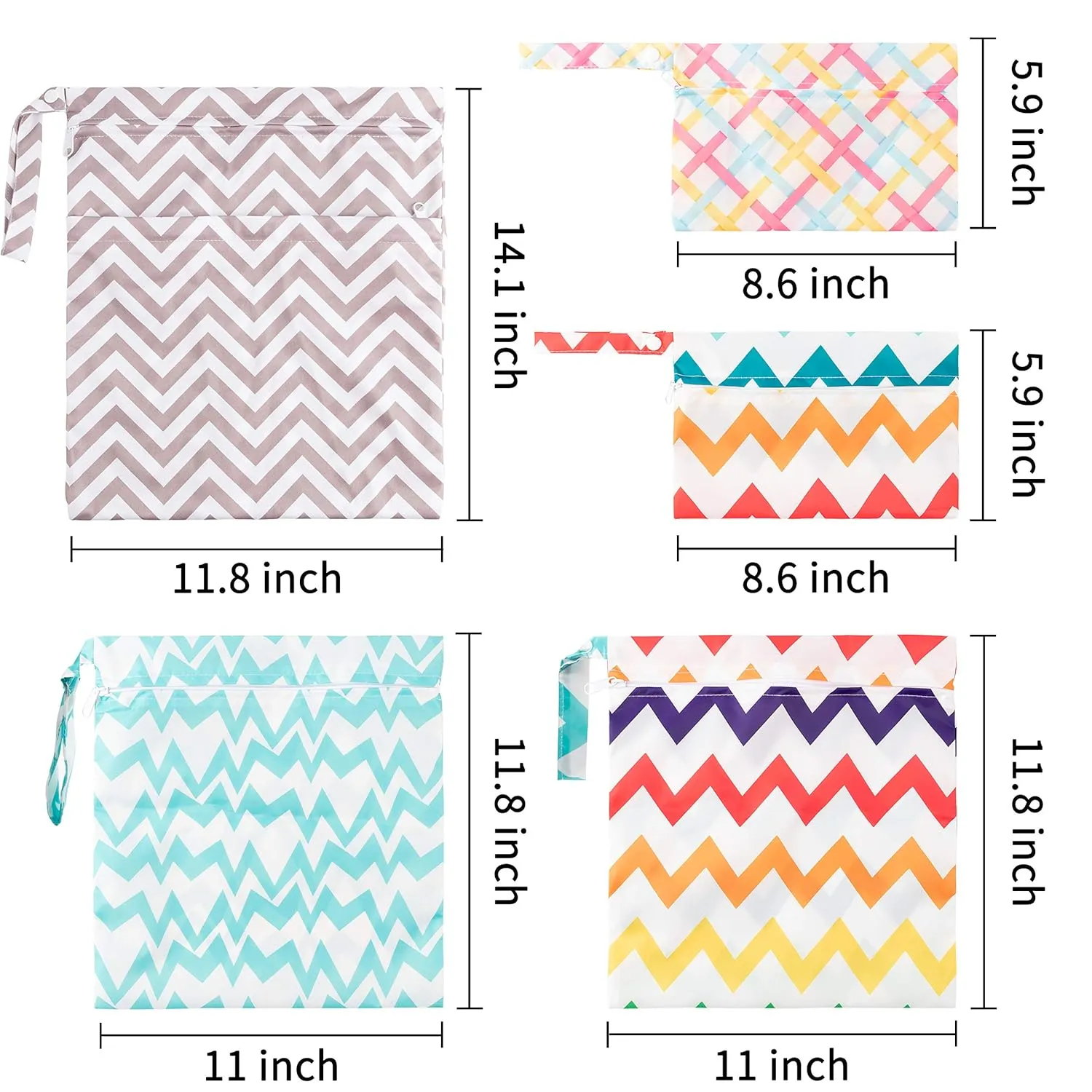 R HORSE 5Pcs Baby Cloth Diaper Wet Dry Bags with 2 Zippered Pockets Waterproof Reusable Travel Beach Pool Bag with Stripe Pattern (3 Sizes)