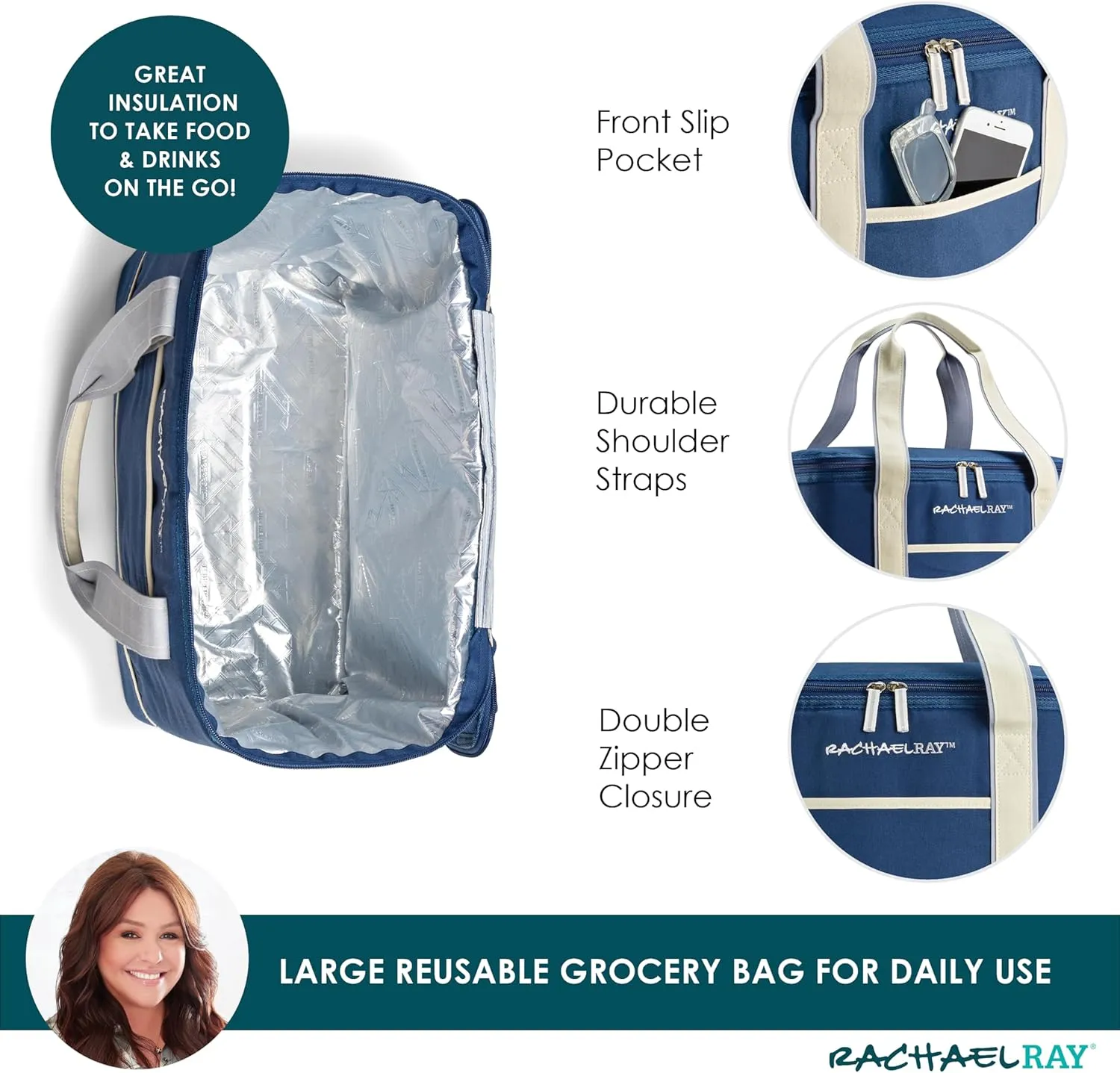 Rachael Ray Soft Reusable Insulated Canvas Grocery Tote Bag, Navy