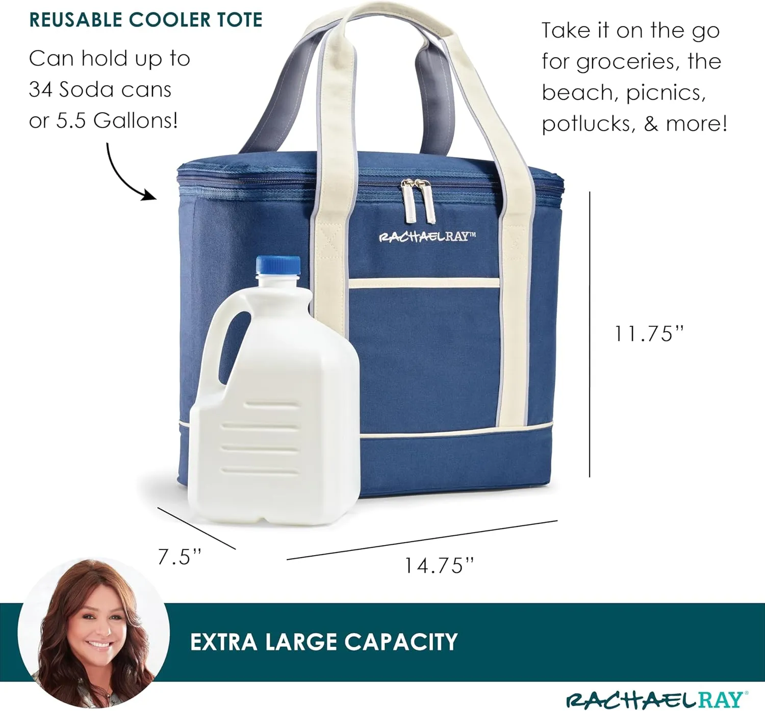 Rachael Ray Soft Reusable Insulated Canvas Grocery Tote Bag, Navy