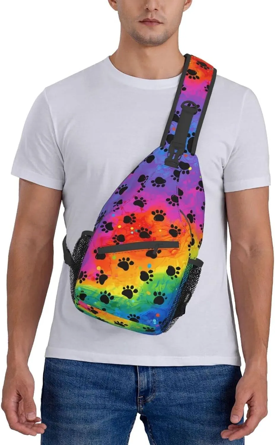 Rainbow Dog Paw Print Sling Bag Crossbody Travel Hiking Bags Casual Shoulder Daypack Mini Chest Backpack for Women Men