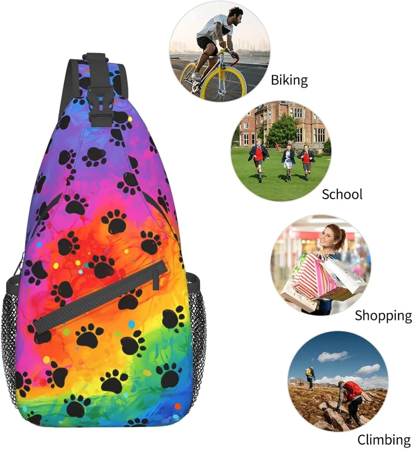 Rainbow Dog Paw Print Sling Bag Crossbody Travel Hiking Bags Casual Shoulder Daypack Mini Chest Backpack for Women Men
