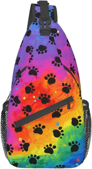 Rainbow Dog Paw Print Sling Bag Crossbody Travel Hiking Bags Casual Shoulder Daypack Mini Chest Backpack for Women Men