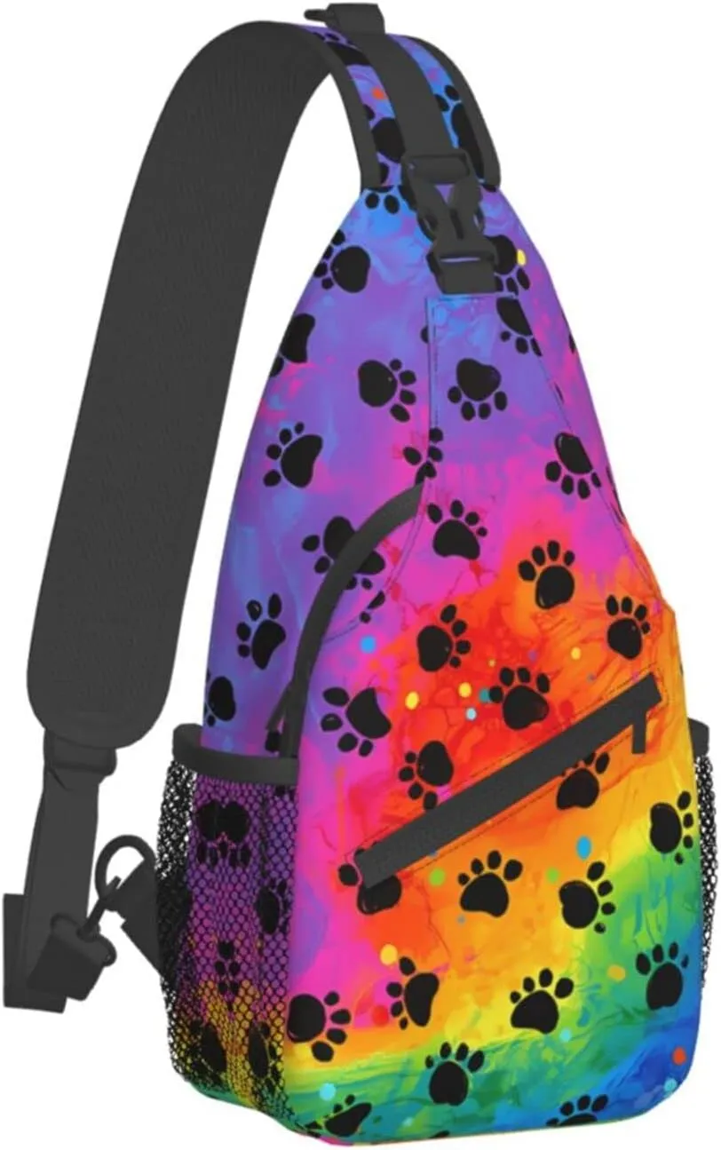 Rainbow Dog Paw Print Sling Bag Crossbody Travel Hiking Bags Casual Shoulder Daypack Mini Chest Backpack for Women Men