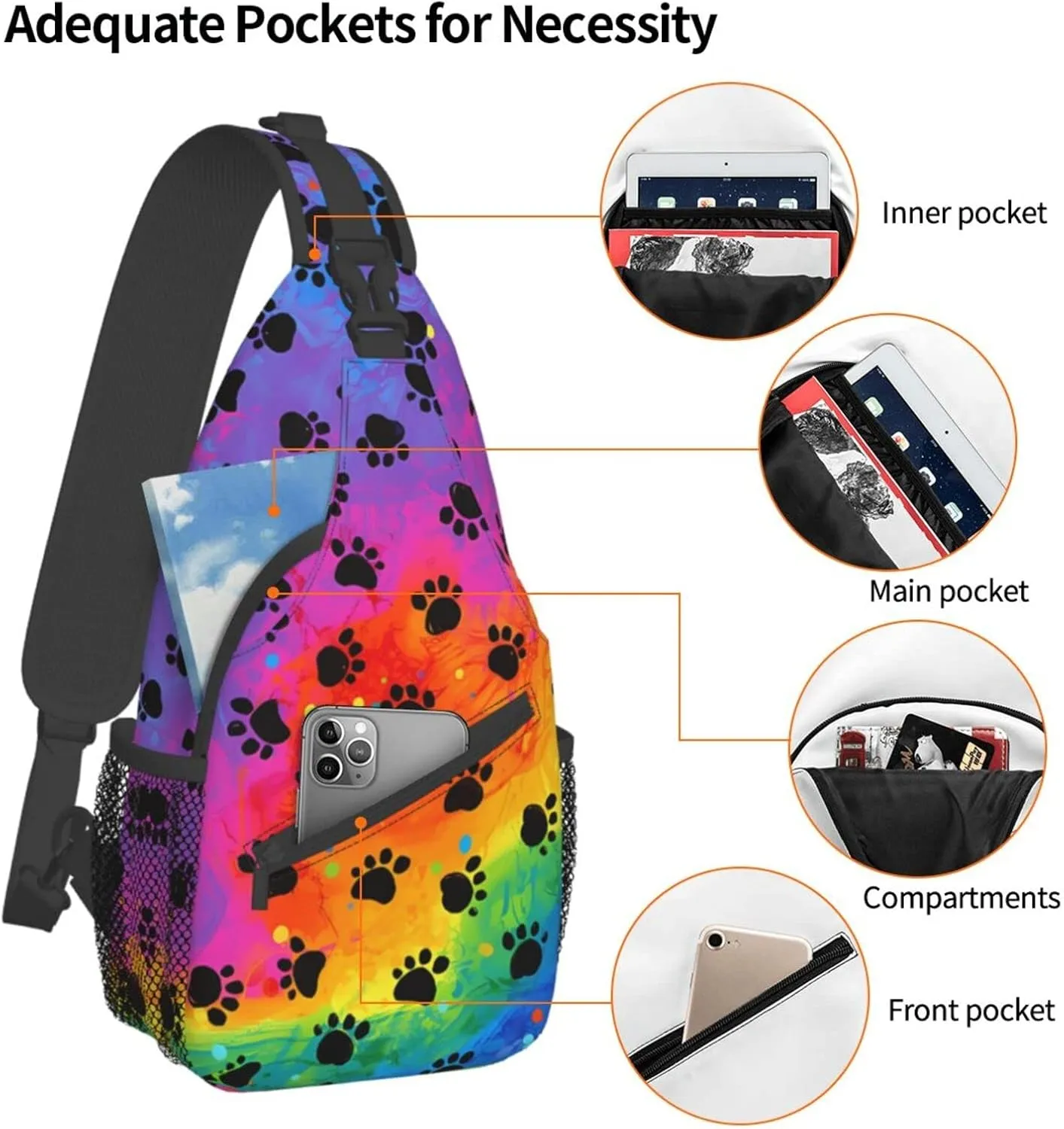 Rainbow Dog Paw Print Sling Bag Crossbody Travel Hiking Bags Casual Shoulder Daypack Mini Chest Backpack for Women Men