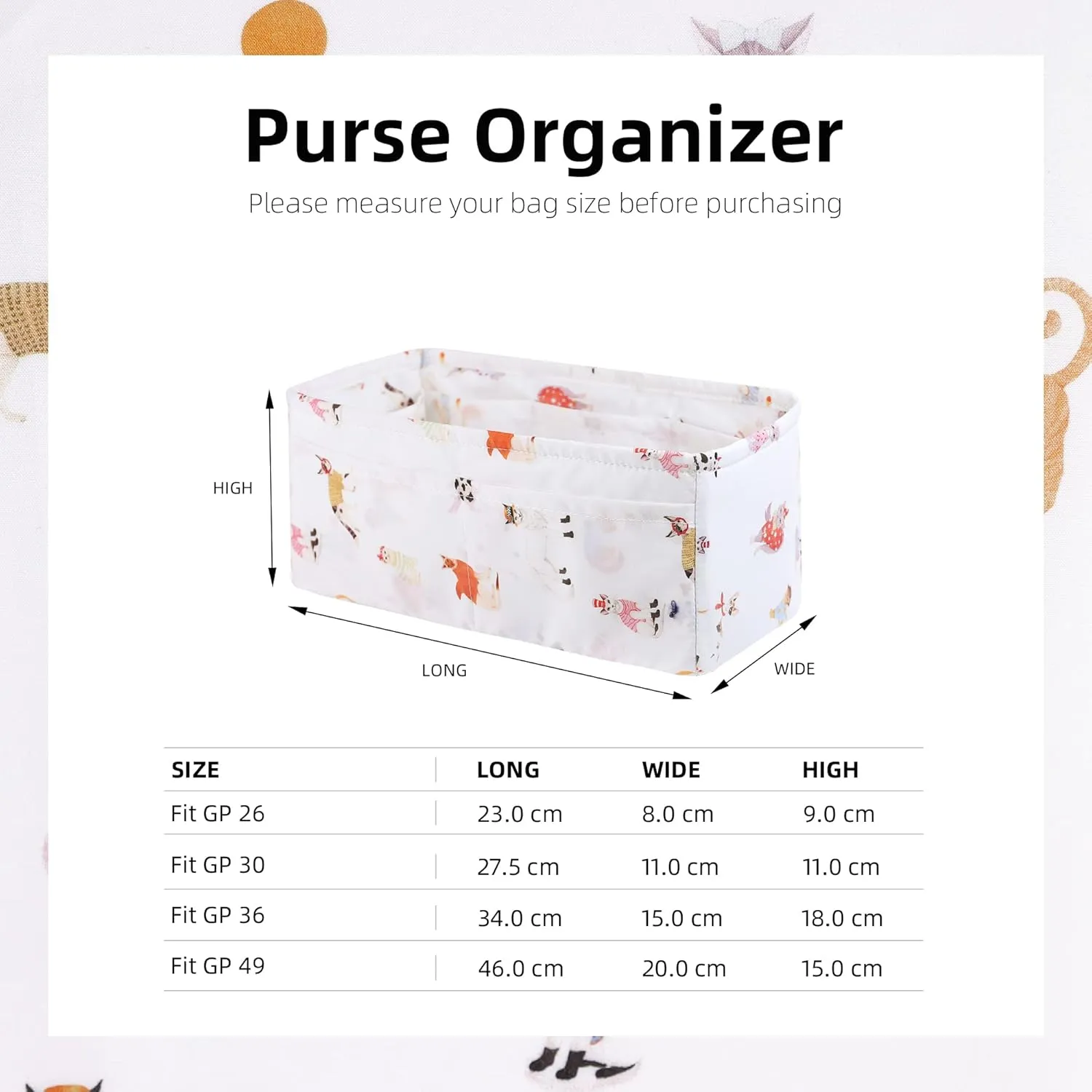 Rayon Purse Organizer Insert, unique pattern Bag organizer, bag in bag for luxury bags, fit Garden Party 26/30/36/49 bags (GP26, Cat Paradise)