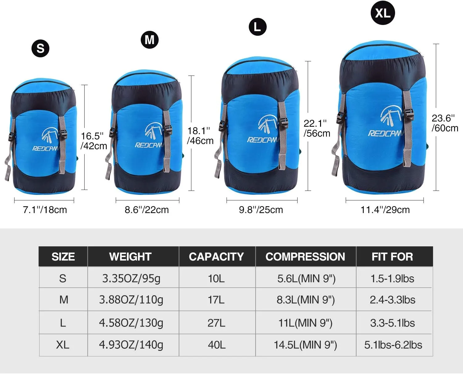 REDCAMP Nylon Compression Stuff Sack, 10L/17L/27L/40L Lightweight Sleeping Bag Compression Sack Great for Backpacking, Hiking and Camping,Blue/Yellow/Army Green/Black