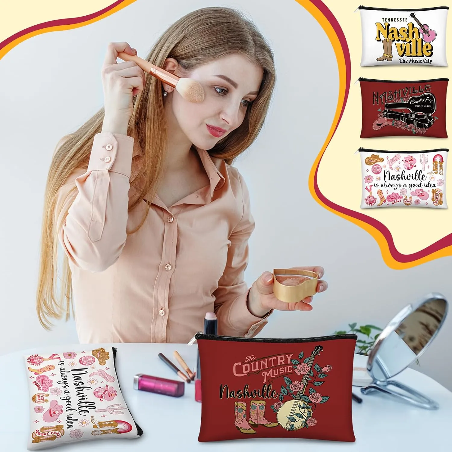Reginary 6 Pcs City Cosmetic Bag Souvenir Gifts New York Zipper Pouch Chicago Souvenir Seattle Boston Nashville London Paris Italy Gifts Memento for Women Traveler(Nashville)