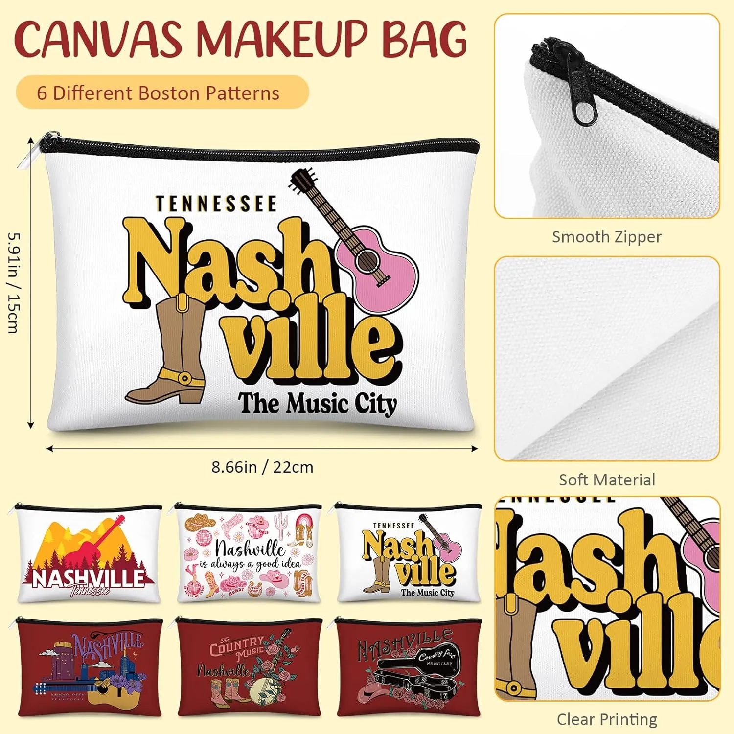 Reginary 6 Pcs City Cosmetic Bag Souvenir Gifts New York Zipper Pouch Chicago Souvenir Seattle Boston Nashville London Paris Italy Gifts Memento for Women Traveler(Nashville)