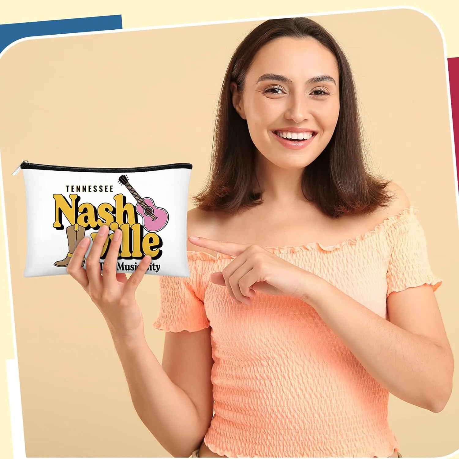 Reginary 6 Pcs City Cosmetic Bag Souvenir Gifts New York Zipper Pouch Chicago Souvenir Seattle Boston Nashville London Paris Italy Gifts Memento for Women Traveler(Nashville)
