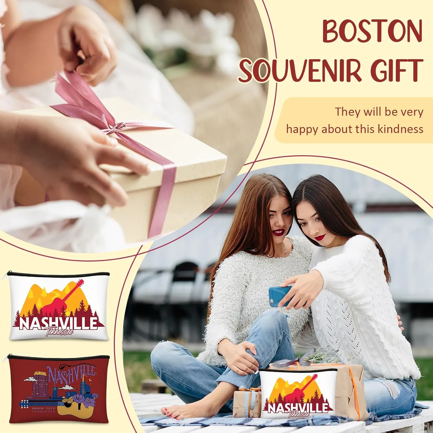 Reginary 6 Pcs City Cosmetic Bag Souvenir Gifts New York Zipper Pouch Chicago Souvenir Seattle Boston Nashville London Paris Italy Gifts Memento for Women Traveler(Nashville)