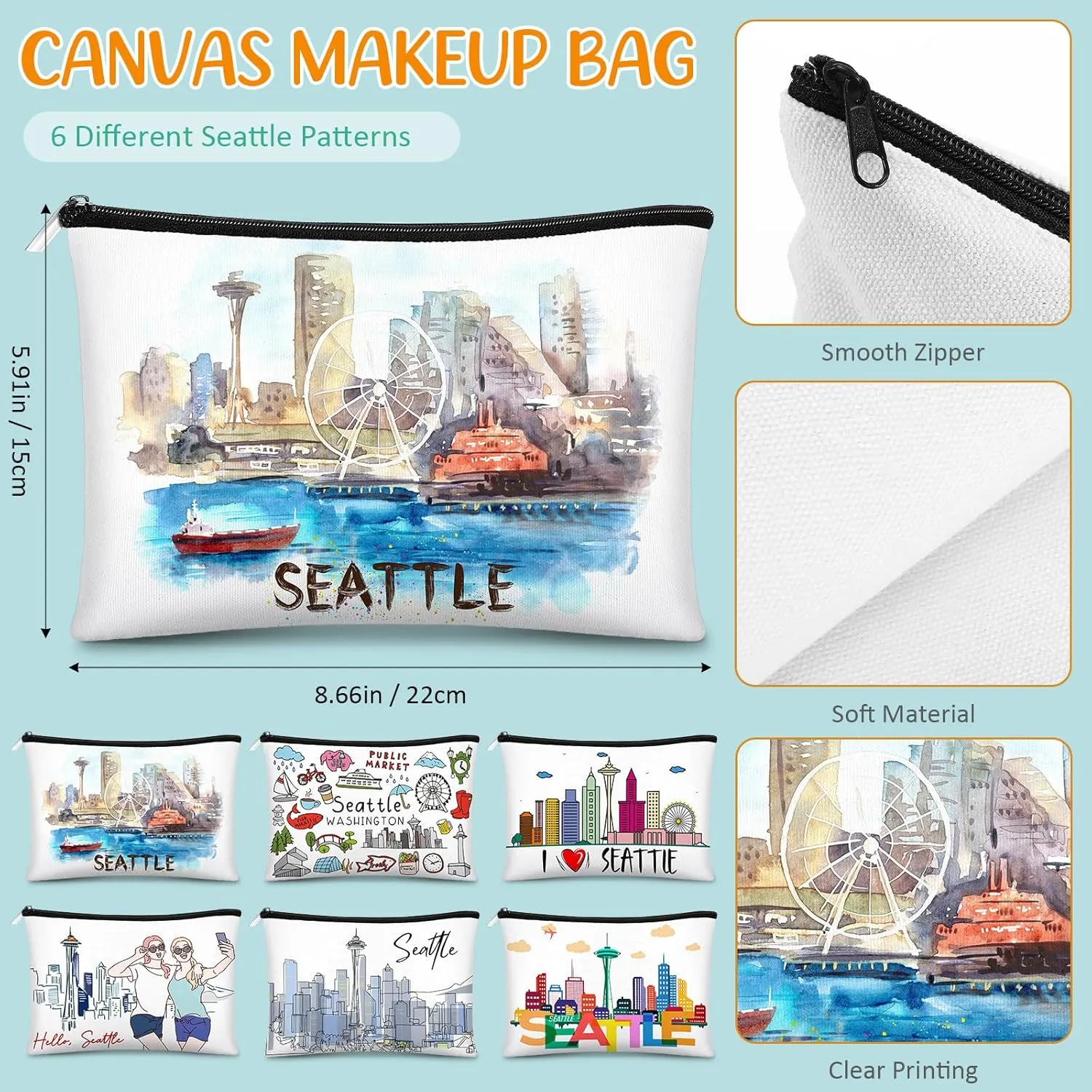 Reginary 6 Pcs City Cosmetic Bag Souvenir Gifts New York Zipper Pouch Chicago Souvenir Seattle Boston Nashville London Paris Italy Gifts Memento for Women Traveler(Seattle)