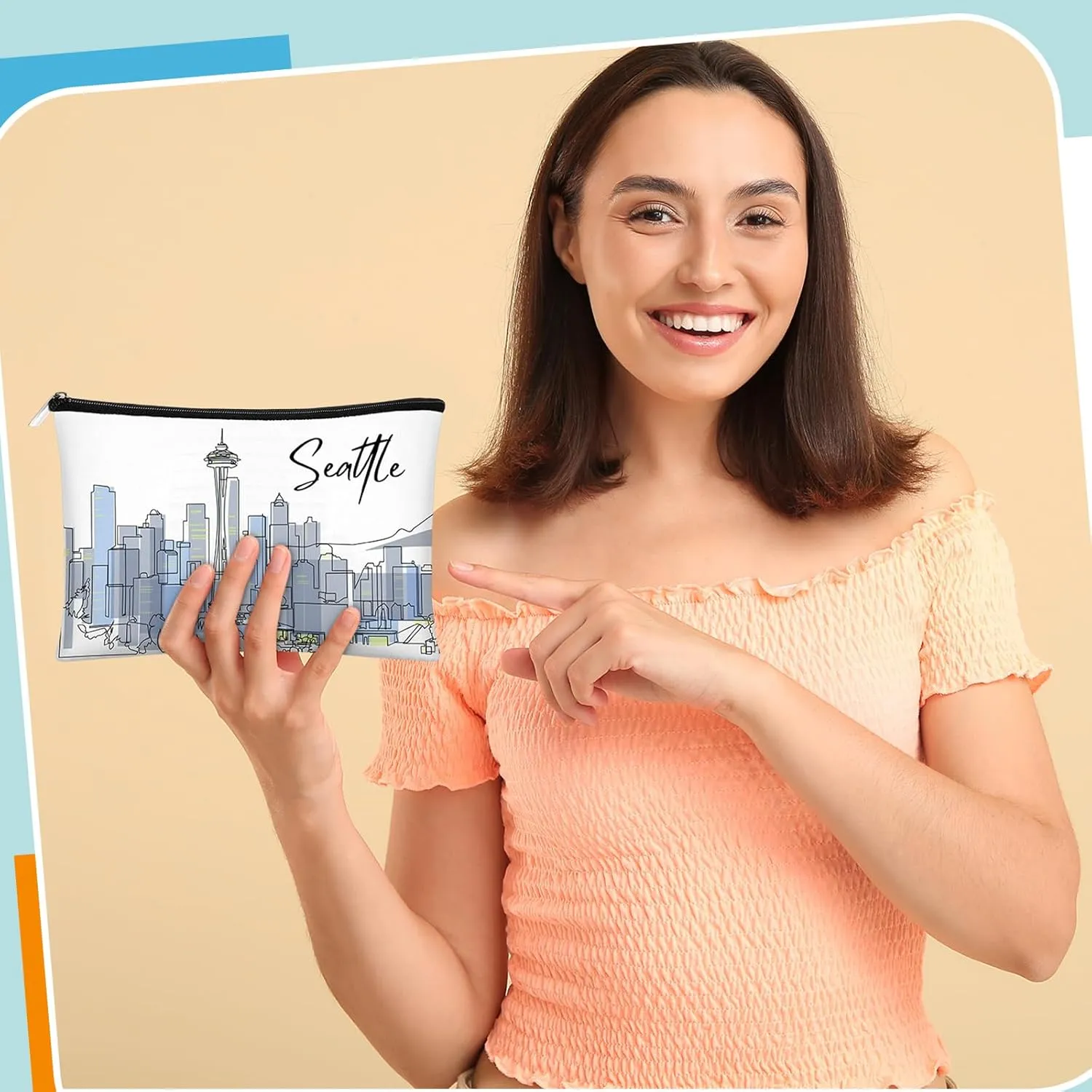 Reginary 6 Pcs City Cosmetic Bag Souvenir Gifts New York Zipper Pouch Chicago Souvenir Seattle Boston Nashville London Paris Italy Gifts Memento for Women Traveler(Seattle)