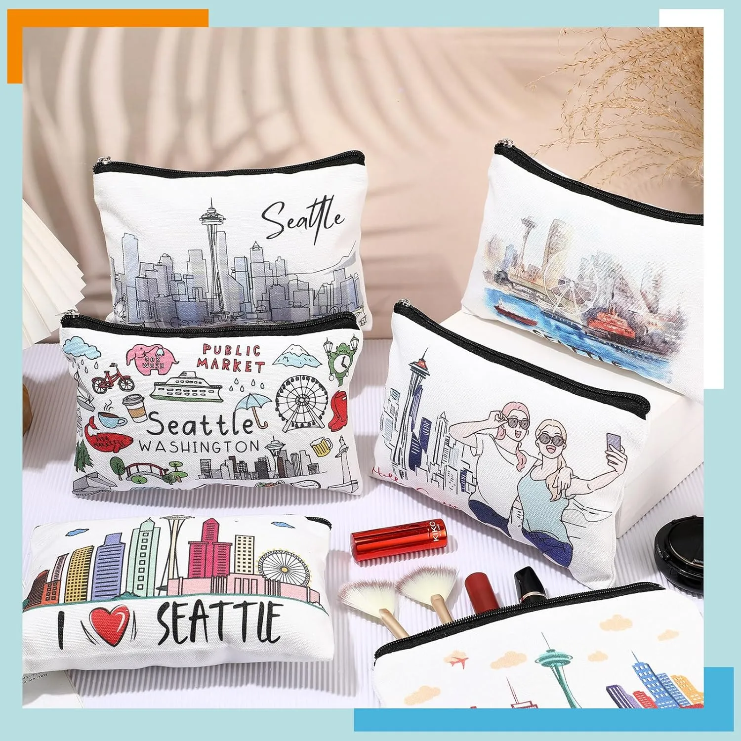 Reginary 6 Pcs City Cosmetic Bag Souvenir Gifts New York Zipper Pouch Chicago Souvenir Seattle Boston Nashville London Paris Italy Gifts Memento for Women Traveler(Seattle)