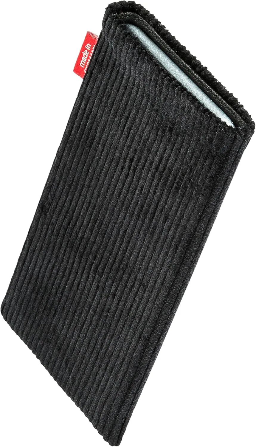 Retro Black Custom Tailored Sleeve for Mobistel Cynus F3. Fine Corduroy Pouch with Integrated Microfibre Lining for Display Cleaning