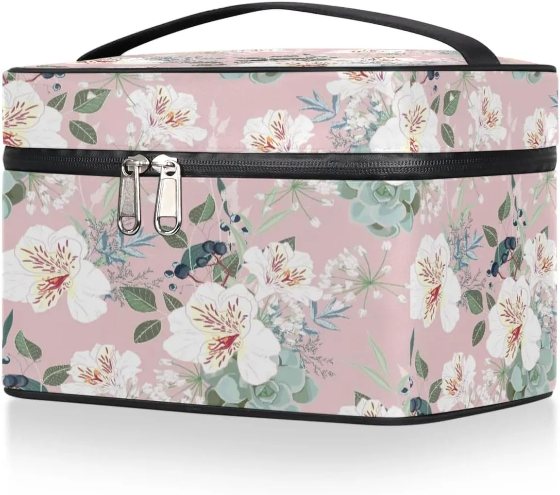 Retro Flower Paint Makeup Bag Small Cosmetic Bag for Women Travel Makeup Case Organizer Portable Zipper Make Up Brush Bag Cute Toiletry Bag Storage Bags with Handle