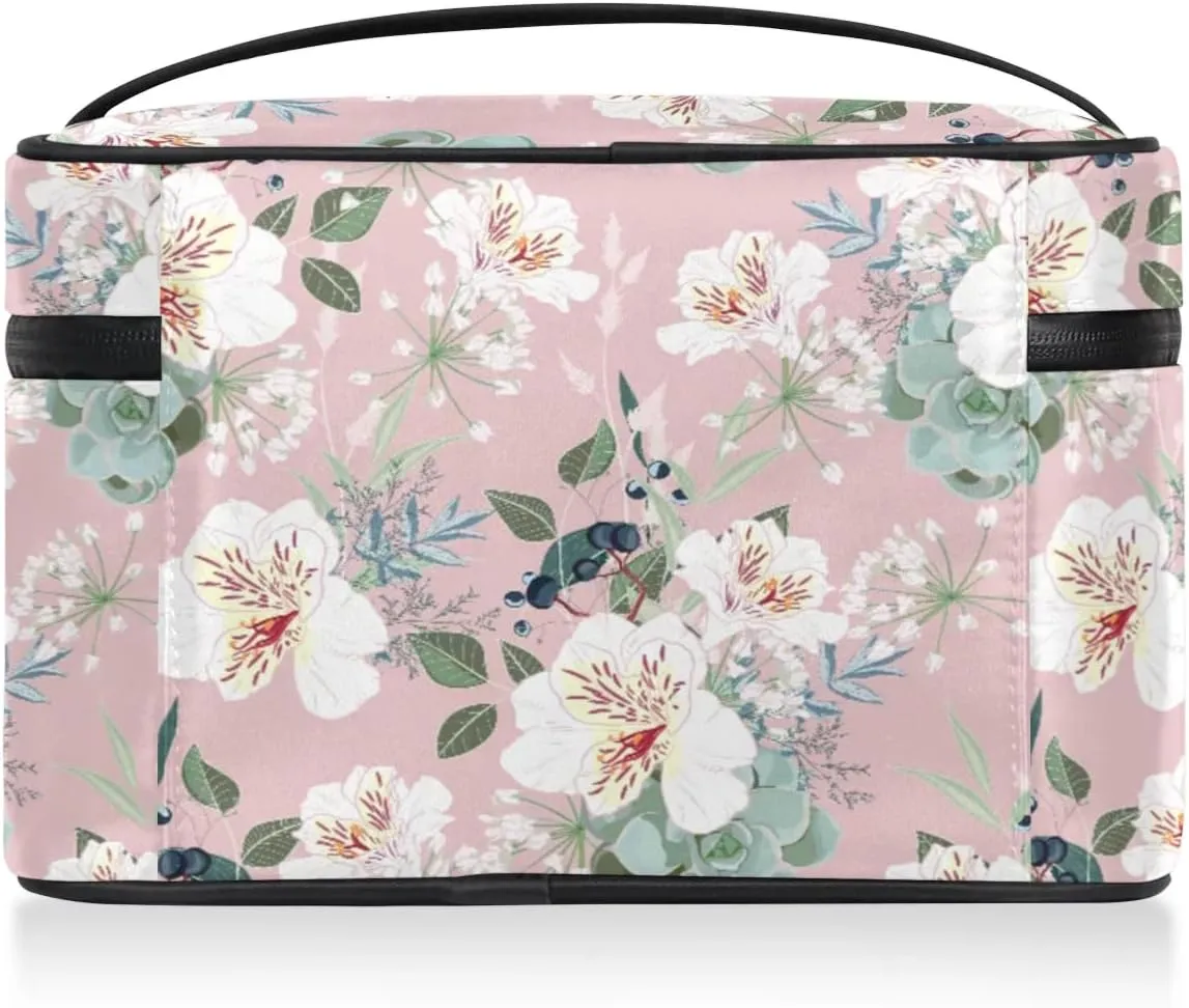 Retro Flower Paint Makeup Bag Small Cosmetic Bag for Women Travel Makeup Case Organizer Portable Zipper Make Up Brush Bag Cute Toiletry Bag Storage Bags with Handle