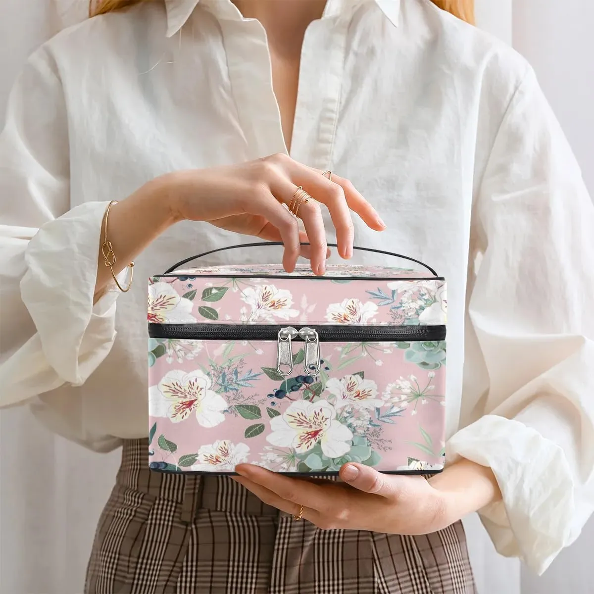 Retro Flower Paint Makeup Bag Small Cosmetic Bag for Women Travel Makeup Case Organizer Portable Zipper Make Up Brush Bag Cute Toiletry Bag Storage Bags with Handle