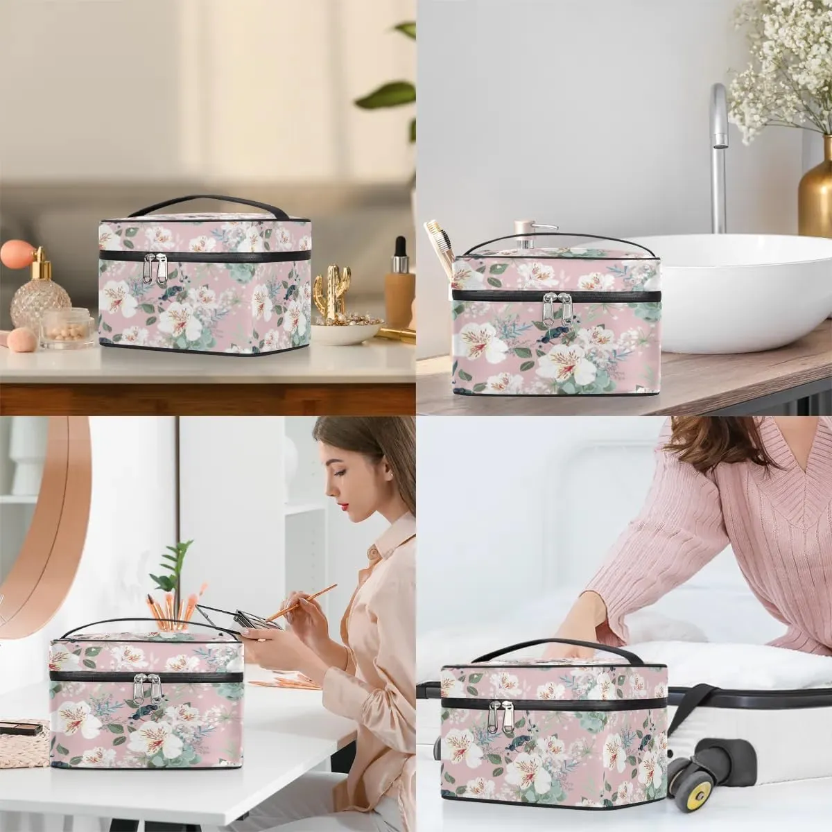 Retro Flower Paint Makeup Bag Small Cosmetic Bag for Women Travel Makeup Case Organizer Portable Zipper Make Up Brush Bag Cute Toiletry Bag Storage Bags with Handle