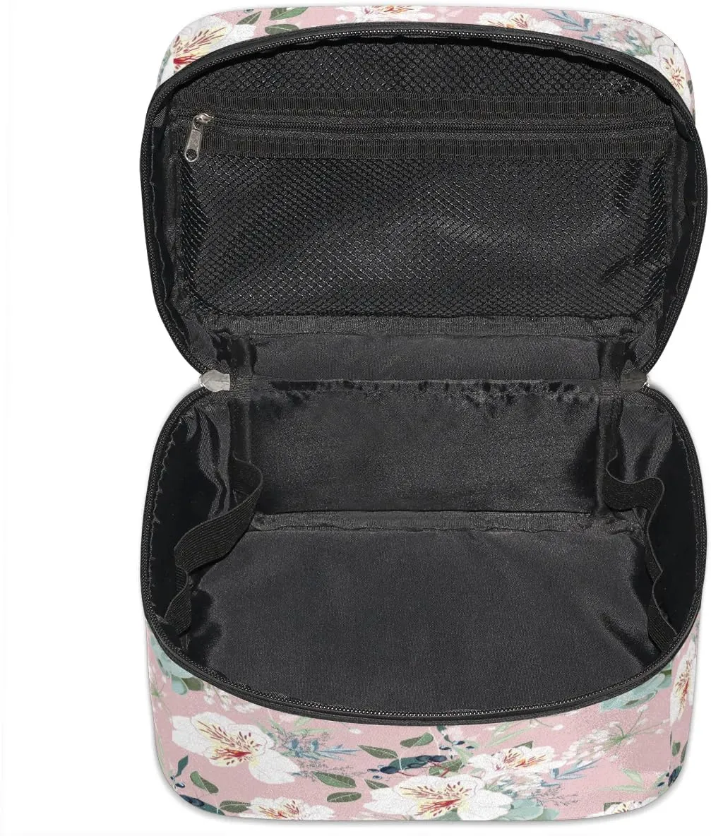 Retro Flower Paint Makeup Bag Small Cosmetic Bag for Women Travel Makeup Case Organizer Portable Zipper Make Up Brush Bag Cute Toiletry Bag Storage Bags with Handle