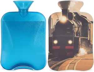 Retro Locomotive Train Hot Water Bottle with Cover, 2L Hot Water Bag for Hot Compress Hot Bottle Water Bag for Hand Feet Warmer,Neck,Shoulder Pain Relief,Menstrual Cramps