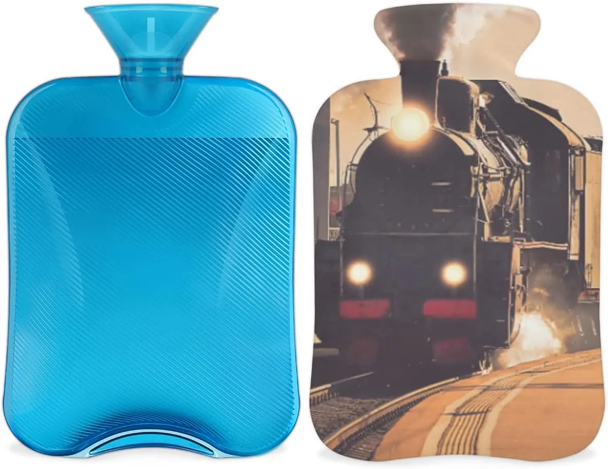 Retro Locomotive Train Hot Water Bottle with Cover, 2L Hot Water Bag for Hot Compress Hot Bottle Water Bag for Hand Feet Warmer,Neck,Shoulder Pain Relief,Menstrual Cramps
