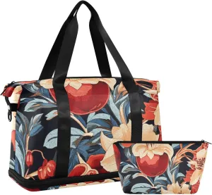 Retro Red Pomegranates Red Flowers Pattern Travel Duffel Bag Gym Bag with Toiletry Bag for Gym Waterproof