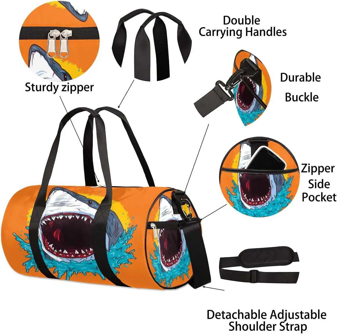Retro Shark Scary Gym Bag Small Gym Duffel Bags for Men Women Overnight Weekender Bag Lightweight Sport Duffle Bag Carry On Gymbag