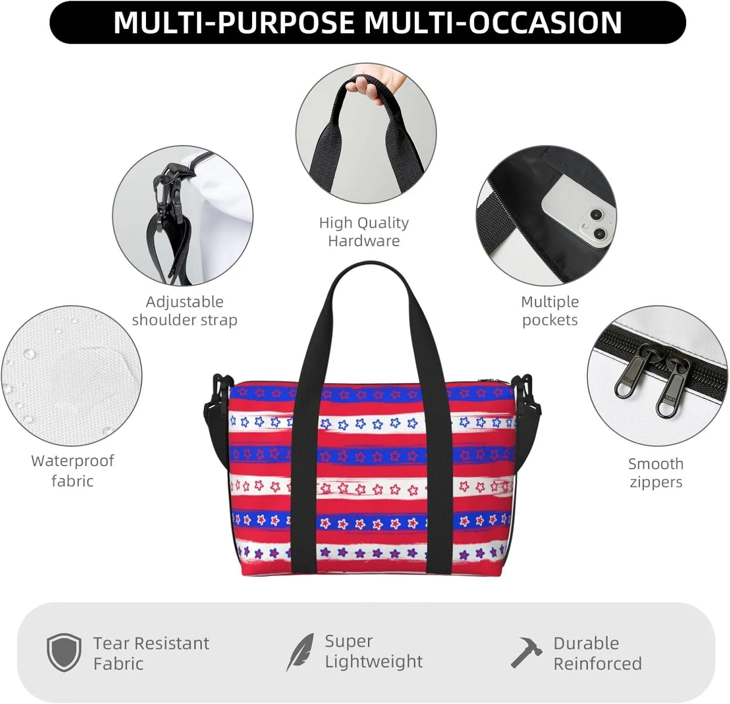 Retro Stars And Strips Travel Duffel Bags for Women Men, Sports Training Gym Bag Dance Bag with Adjustable Shoulder Strap Weekender Overnight Bag