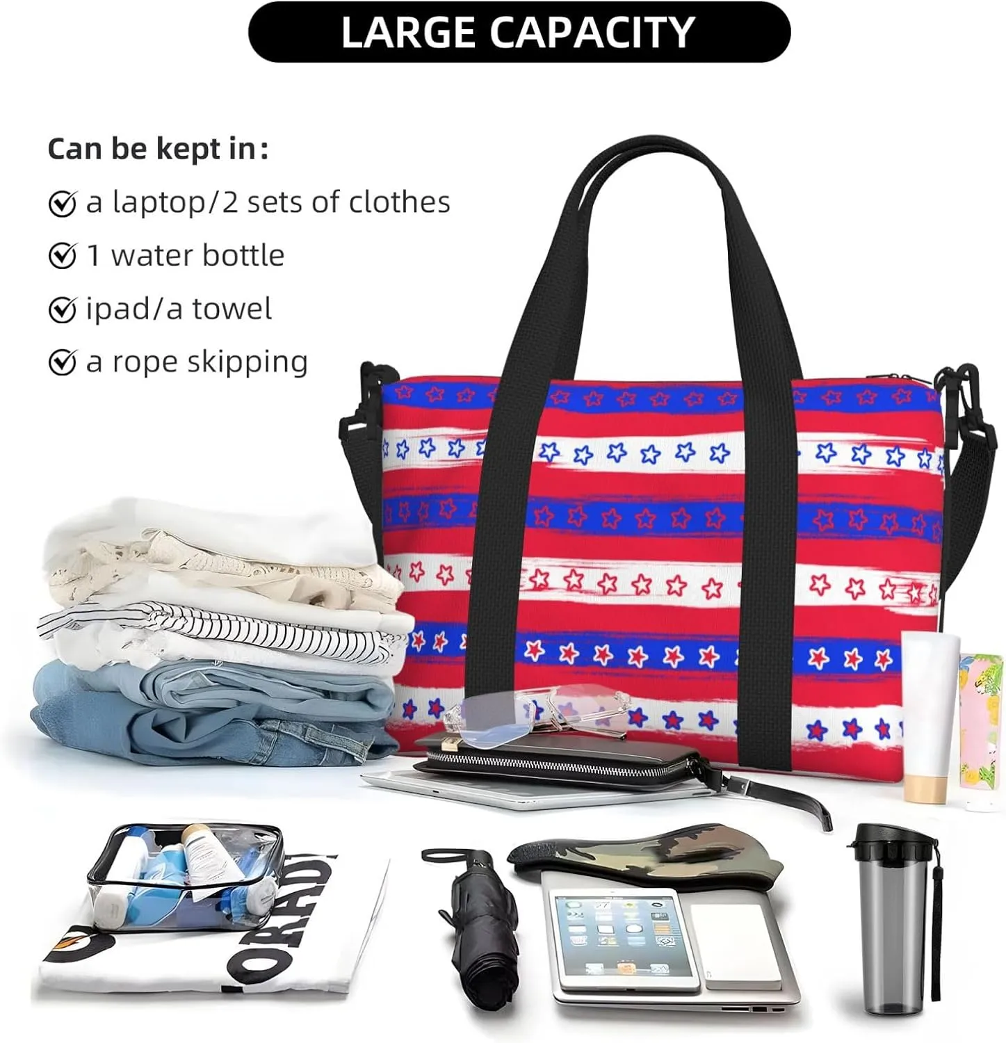 Retro Stars And Strips Travel Duffel Bags for Women Men, Sports Training Gym Bag Dance Bag with Adjustable Shoulder Strap Weekender Overnight Bag